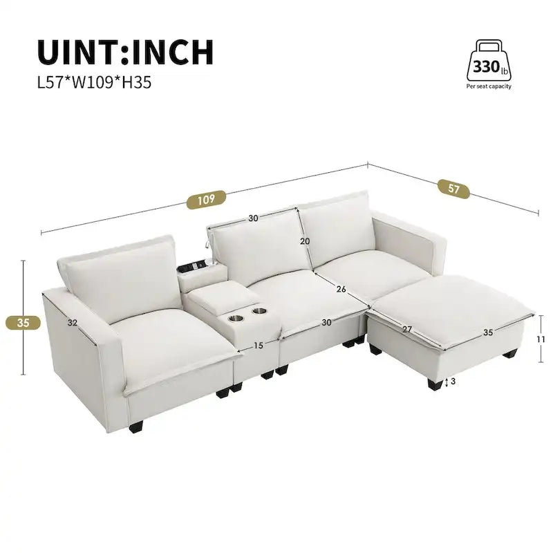 Canapé d'angle en chenille beige / beige et gris, 3-4 places