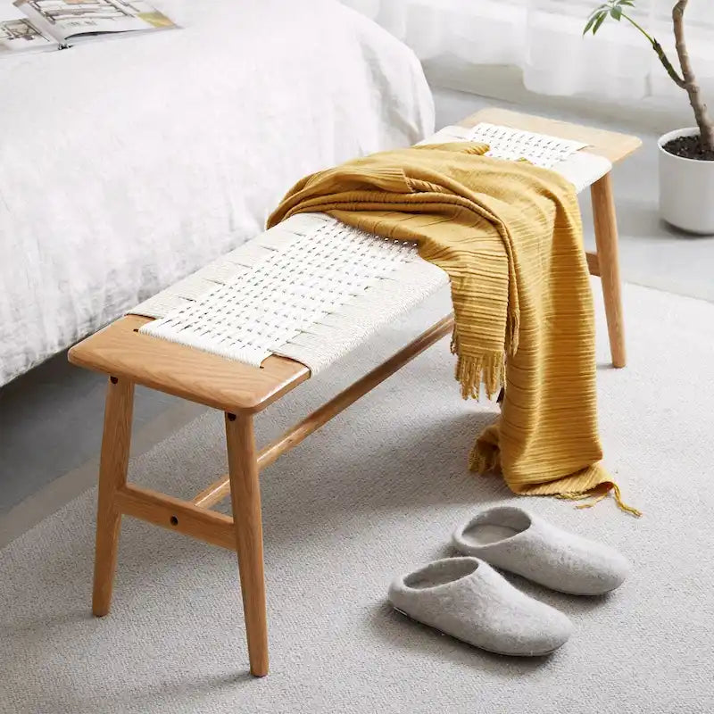 Banc en Chêne Blanc avec Assise en Rotin Tressé, 1 Place