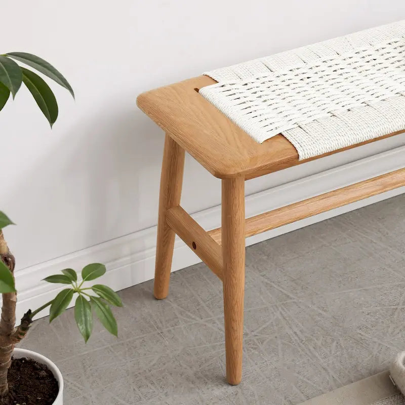 Banc en Chêne Blanc avec Assise en Rotin Tressé, 1 Place