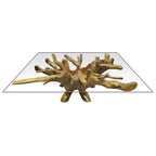 Table basse en racine de teck miel avec plateau en verre carré, 2-4 places