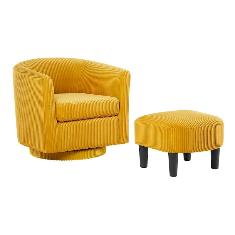 Fauteuil pivotant avec ottoman en velours côtelé blanc/jaune/vert/noir/gris, individuel