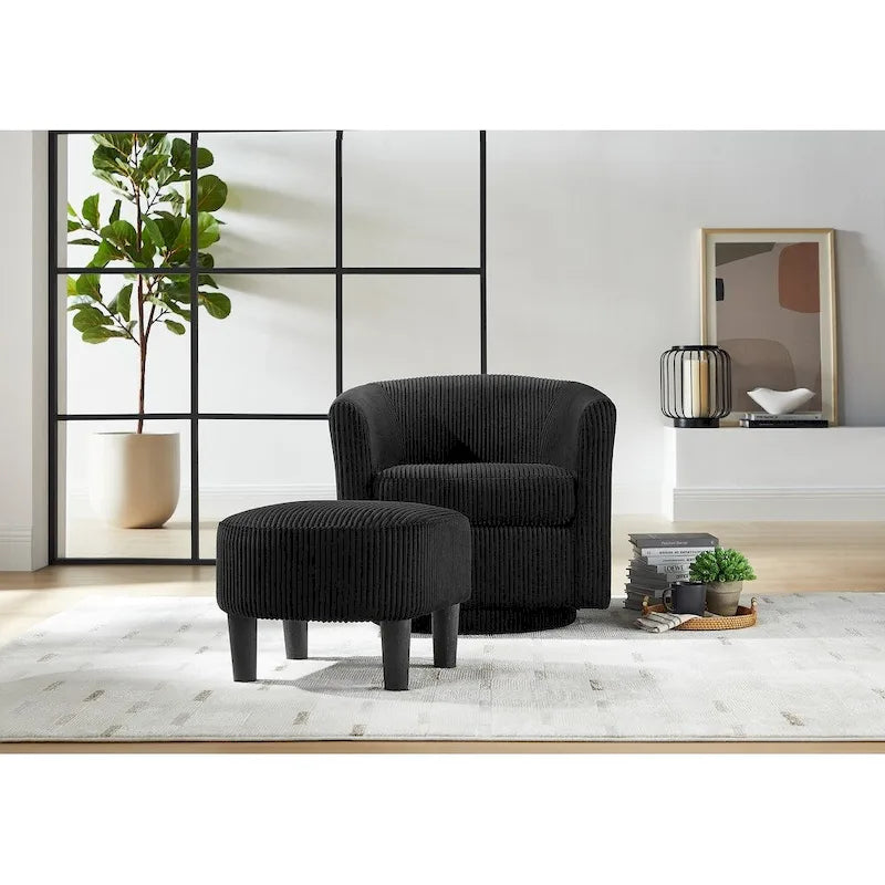 Fauteuil pivotant avec ottoman en velours côtelé blanc/jaune/vert/noir/gris, individuel