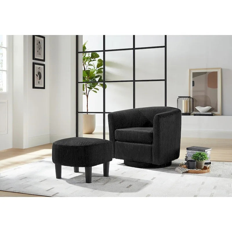 Fauteuil pivotant avec ottoman en velours côtelé blanc/jaune/vert/noir/gris, individuel