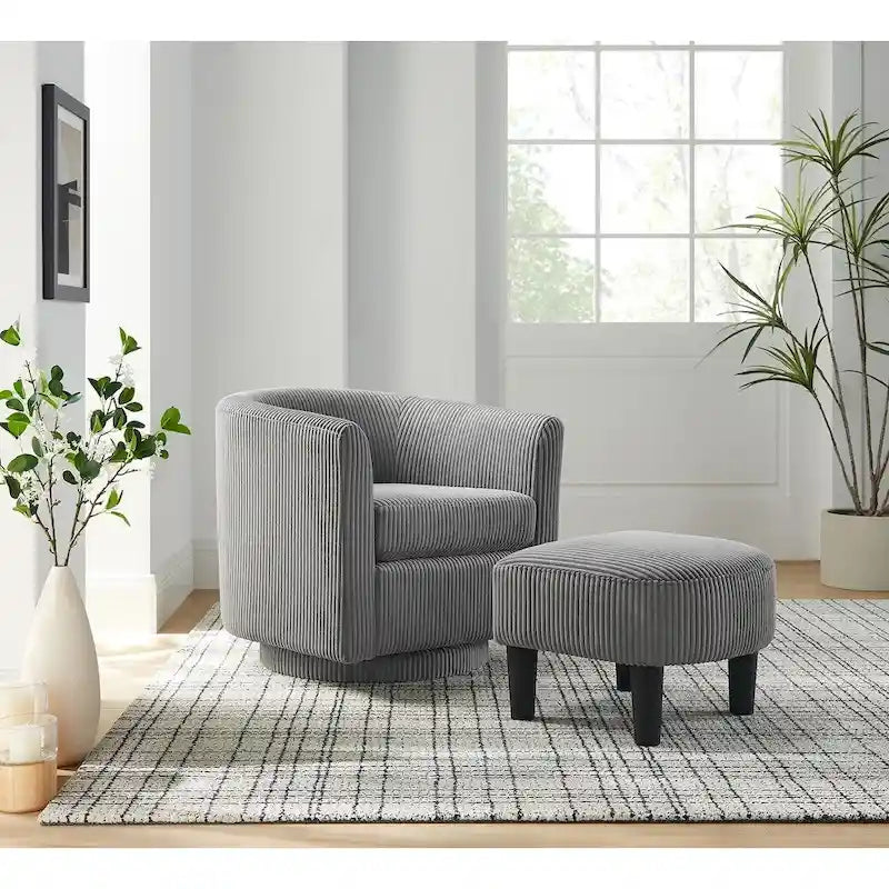 Fauteuil pivotant avec ottoman en velours côtelé blanc/jaune/vert/noir/gris, individuel