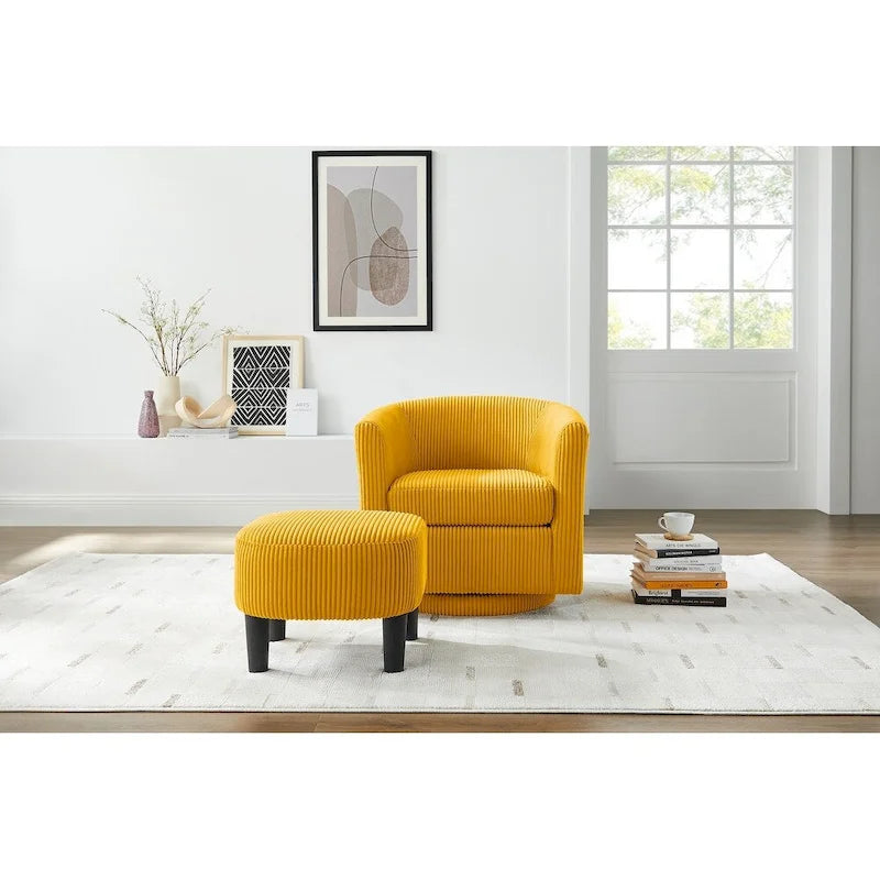 Fauteuil pivotant avec ottoman en velours côtelé blanc/jaune/vert/noir/gris, individuel