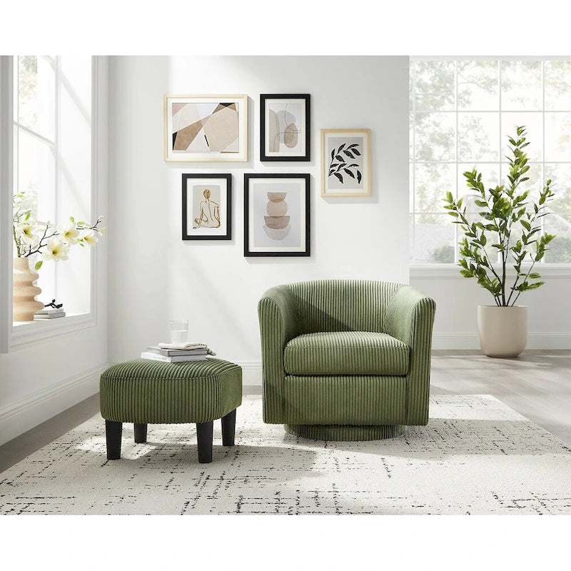 Fauteuil pivotant avec ottoman en velours côtelé blanc/jaune/vert/noir/gris, individuel