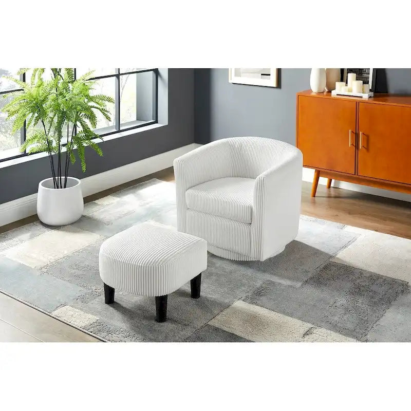 Fauteuil pivotant avec ottoman en velours côtelé blanc/jaune/vert/noir/gris, individuel