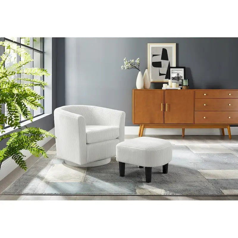 Fauteuil pivotant avec ottoman en velours côtelé blanc/jaune/vert/noir/gris, individuel
