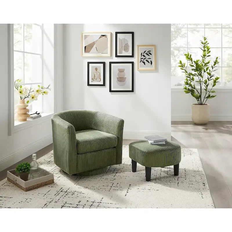 Fauteuil pivotant avec ottoman en velours côtelé blanc/jaune/vert/noir/gris, individuel