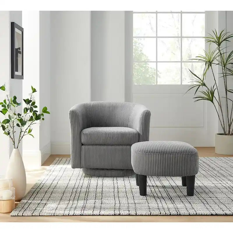 Fauteuil pivotant avec ottoman en velours côtelé blanc/jaune/vert/noir/gris, individuel