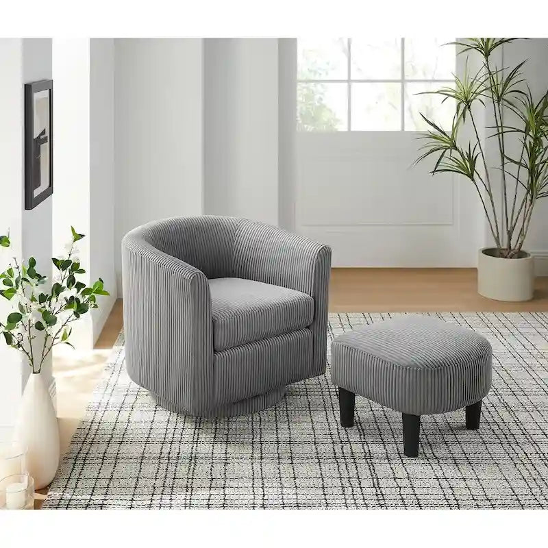 Fauteuil pivotant avec ottoman en velours côtelé blanc/jaune/vert/noir/gris, individuel