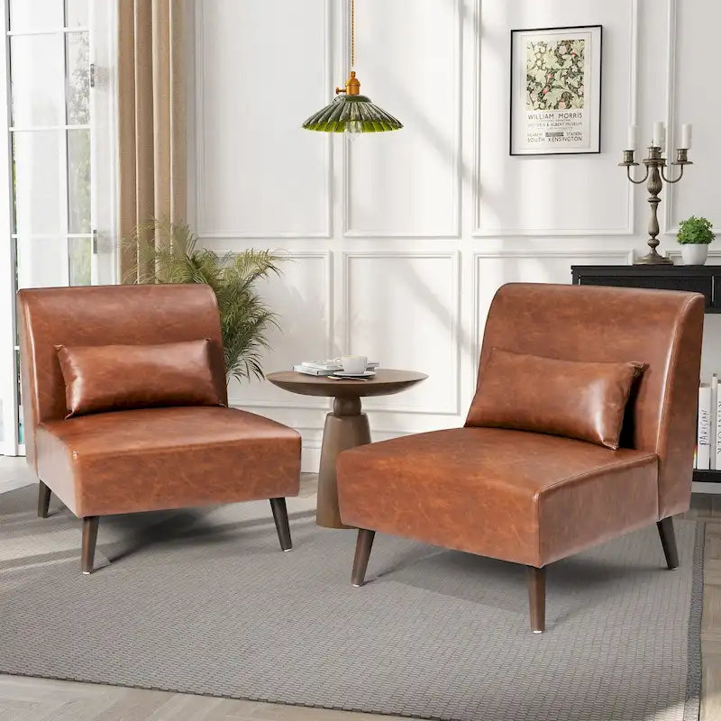 Chaise d'appoint sans accoudoirs en similicuir PU avec oreiller, marron/blanc cassé, à l'unité/lot de 2