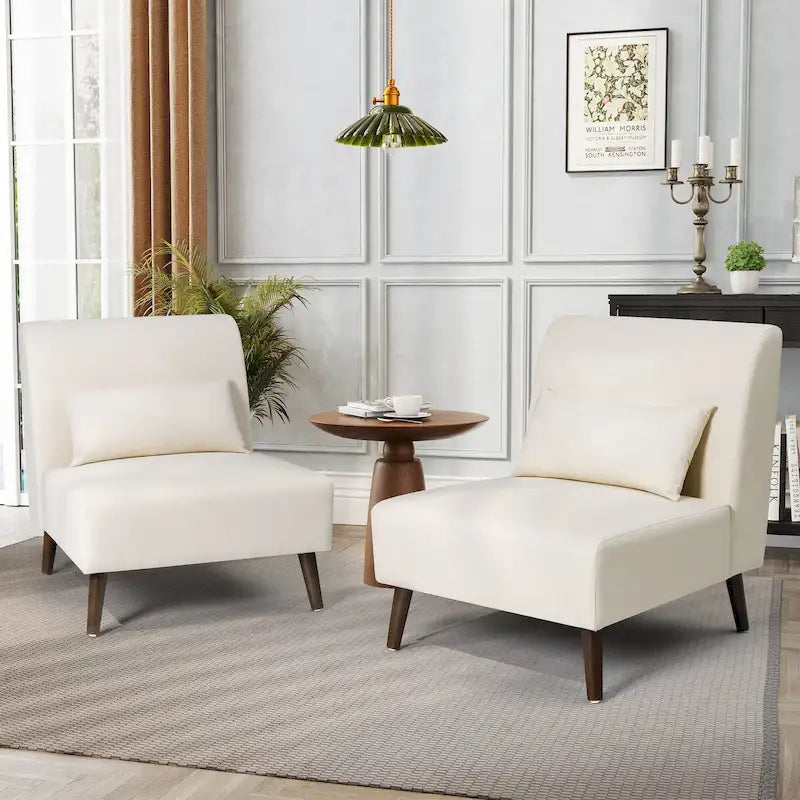 Chaise d'appoint sans accoudoirs en similicuir PU avec oreiller, marron/blanc cassé, à l'unité/lot de 2