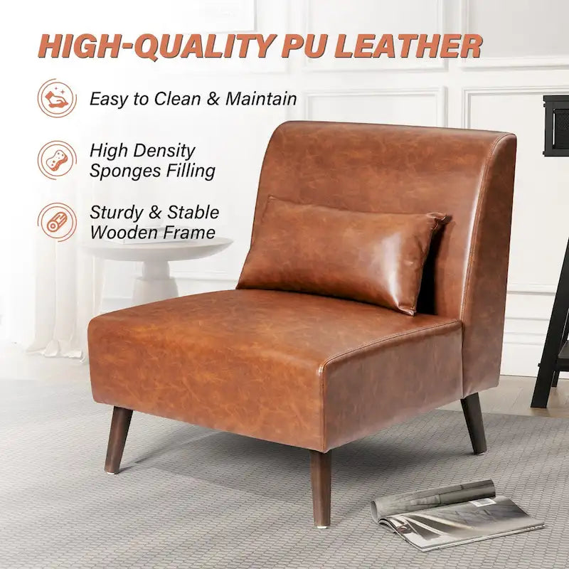 Chaise d'appoint sans accoudoirs en similicuir PU avec oreiller, marron/blanc cassé, à l'unité/lot de 2