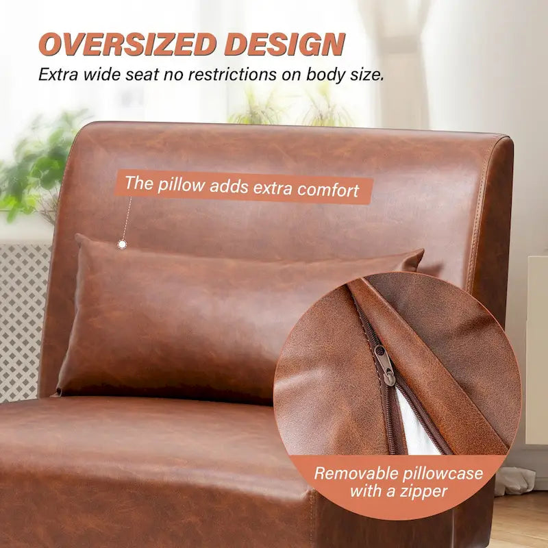 Chaise d'appoint sans accoudoirs en similicuir PU avec oreiller, marron/blanc cassé, à l'unité/lot de 2