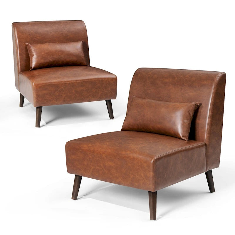 Chaise d'appoint sans accoudoirs en similicuir PU avec oreiller, marron/blanc cassé, à l'unité/lot de 2