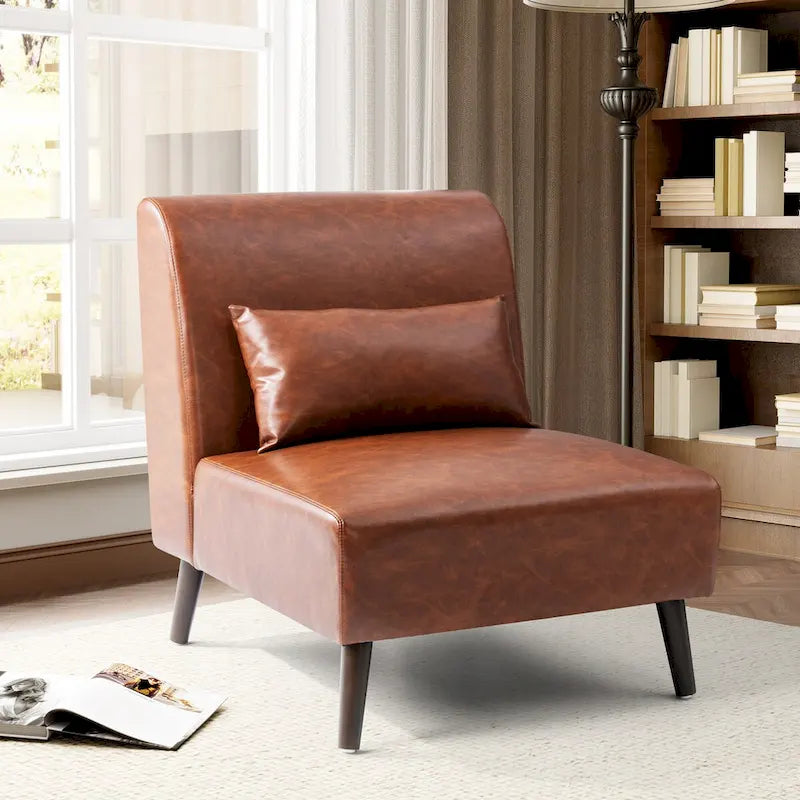 Chaise d'appoint sans accoudoirs en similicuir PU avec oreiller, marron/blanc cassé, à l'unité/lot de 2