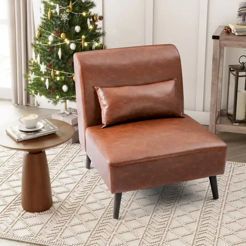 Chaise d'appoint sans accoudoirs en similicuir PU avec oreiller, marron/blanc cassé, à l'unité/lot de 2