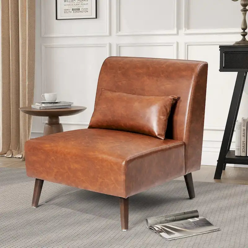 Chaise d'appoint sans accoudoirs en similicuir PU avec oreiller, marron/blanc cassé, à l'unité/lot de 2