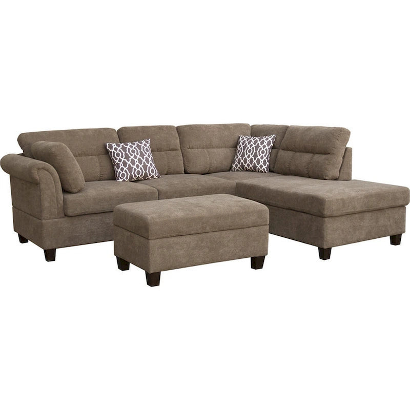 Canapé d'angle en L marron avec méridienne et pouf de rangement, 3-4 places