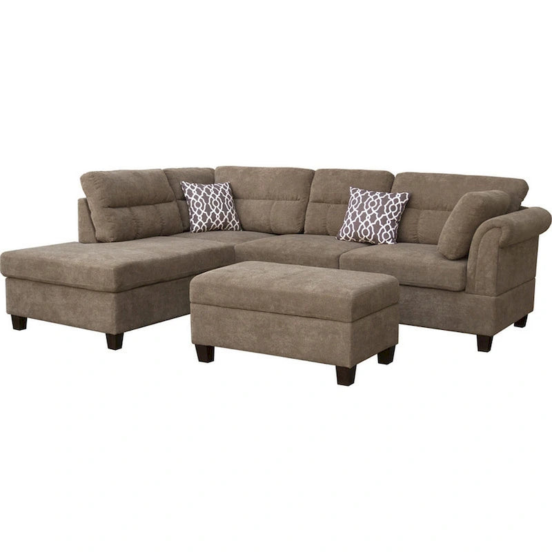 Canapé d'angle en L marron avec méridienne et pouf de rangement, 3-4 places