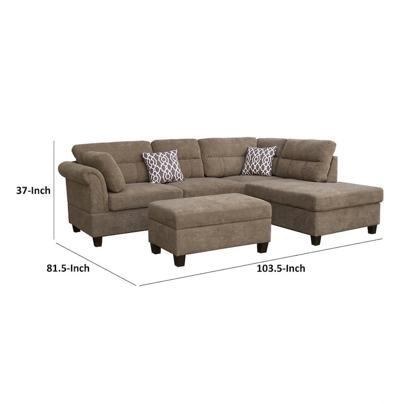 Canapé d'angle en L marron avec méridienne et pouf de rangement, 3-4 places