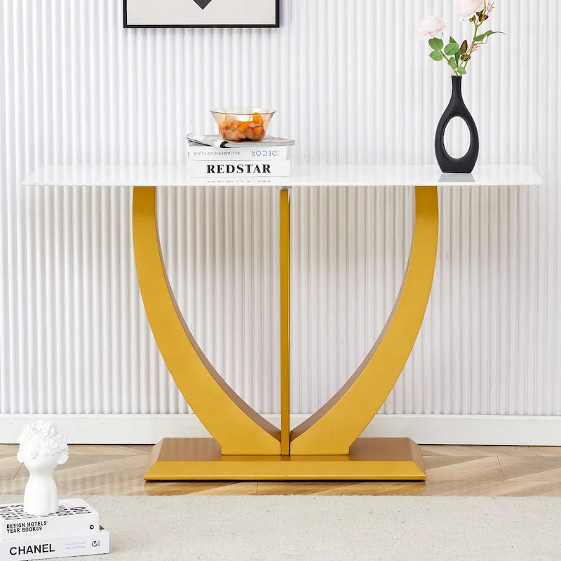 Console rectangulaire en verre, noyer/blanc/doré, assemblage par 1 personne