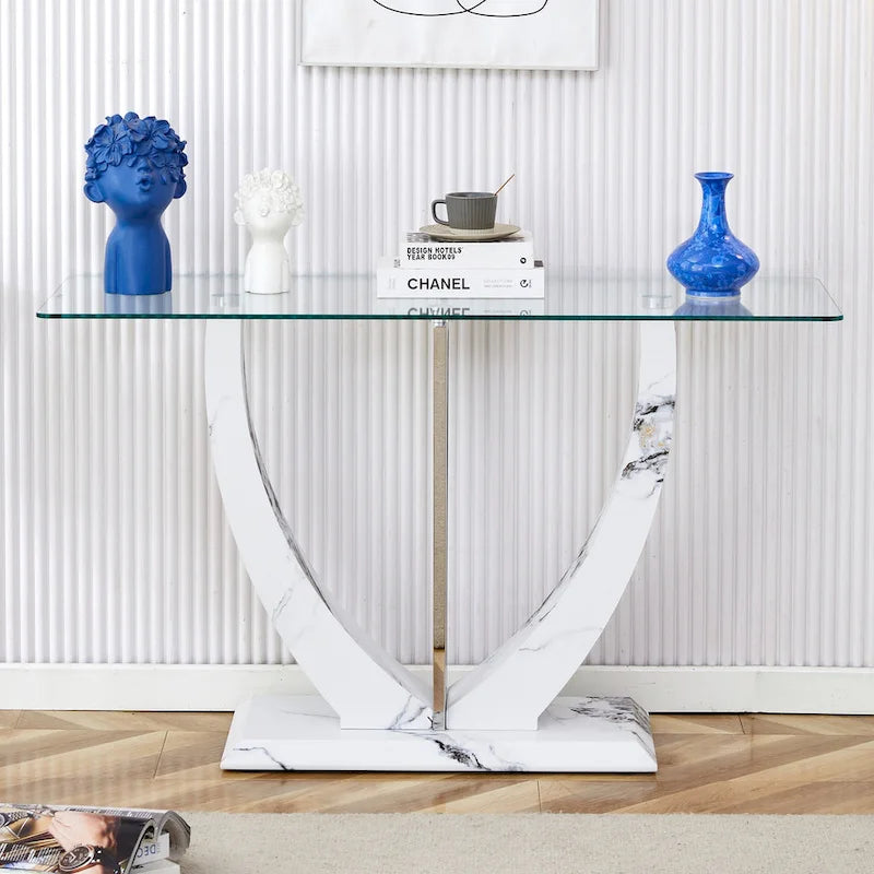 Console rectangulaire en verre, noyer/blanc/doré, assemblage par 1 personne