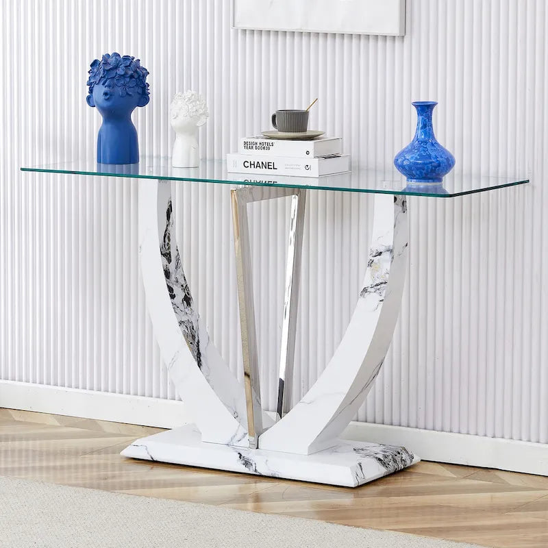 Console rectangulaire en verre, noyer/blanc/doré, assemblage par 1 personne