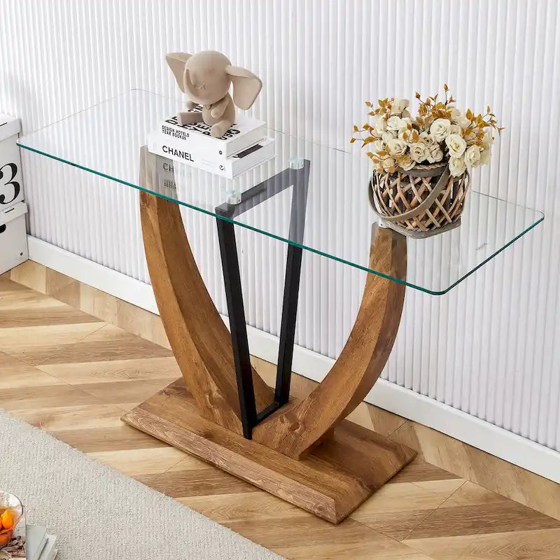 Console rectangulaire en verre, noyer/blanc/doré, assemblage par 1 personne