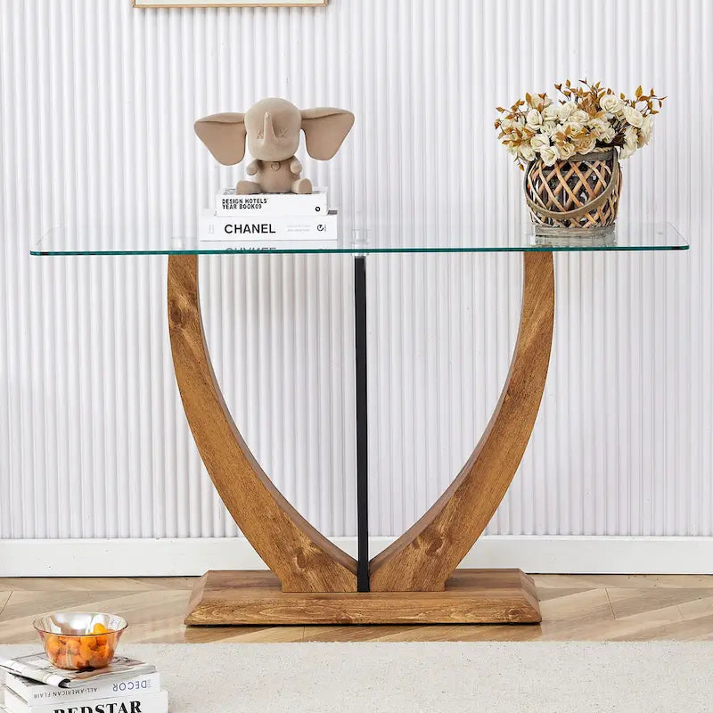 Console rectangulaire en verre, noyer/blanc/doré, assemblage par 1 personne