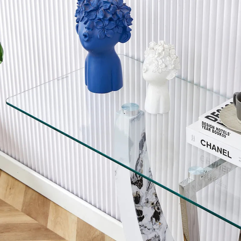 Console rectangulaire en verre, noyer/blanc/doré, assemblage par 1 personne