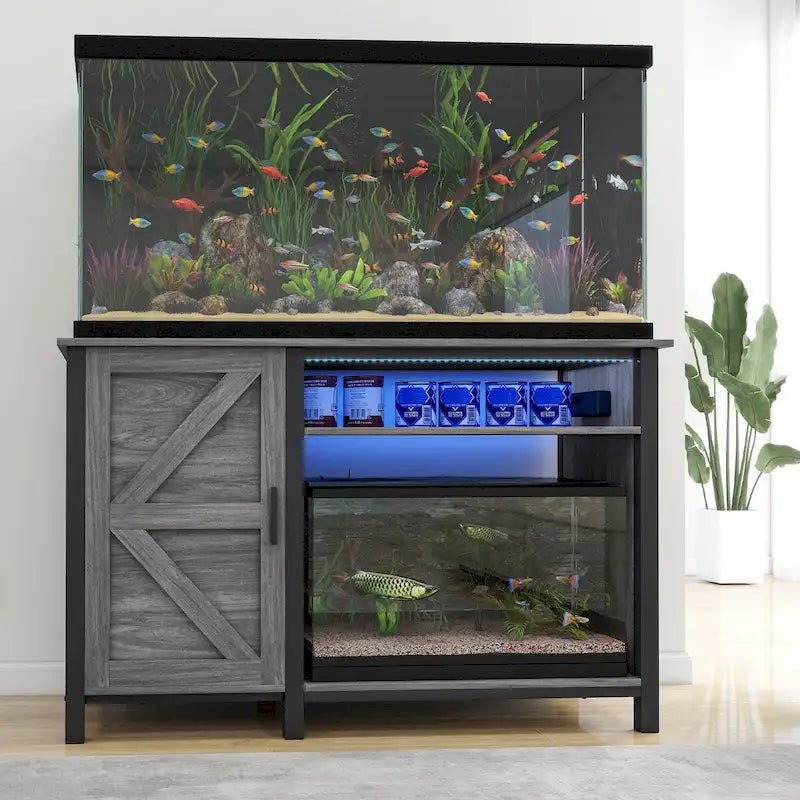 Meuble d'aquarium gris/blanc style porte de grange, 132 cm, fer et bois, pour aquariums de 208 à 284 litres