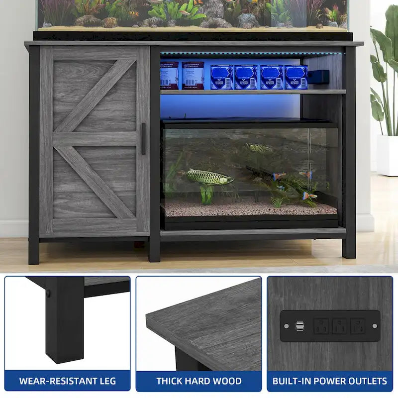 Meuble d'aquarium gris/blanc style porte de grange, 132 cm, fer et bois, pour aquariums de 208 à 284 litres