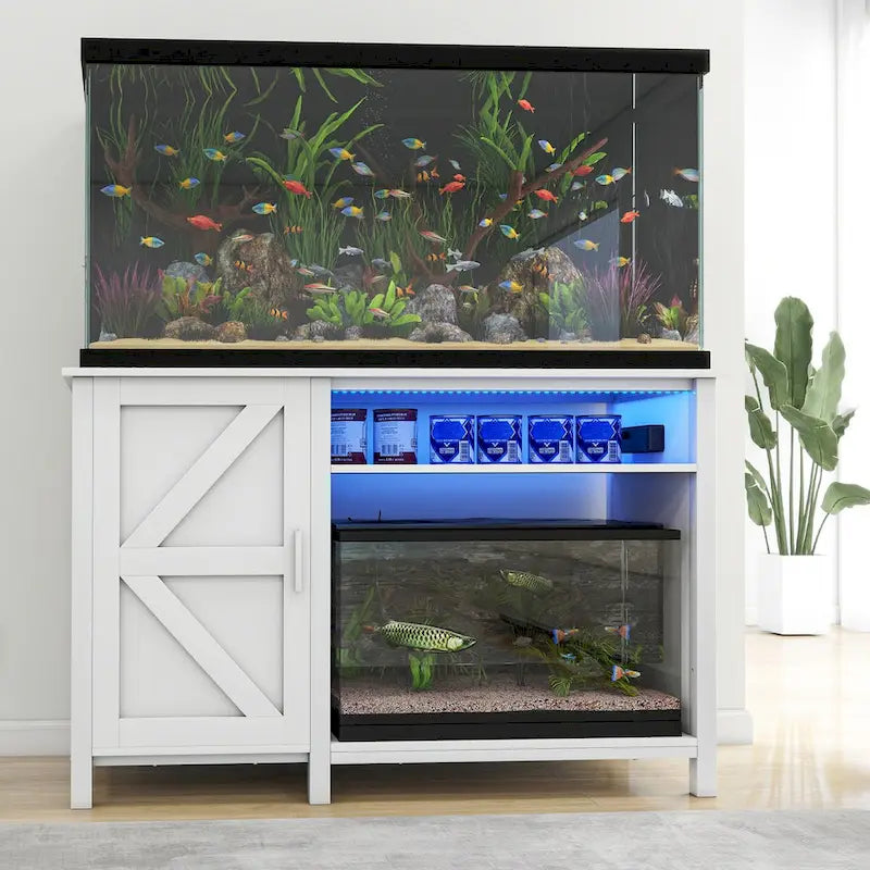 Meuble d'aquarium gris/blanc style porte de grange, 132 cm, fer et bois, pour aquariums de 208 à 284 litres