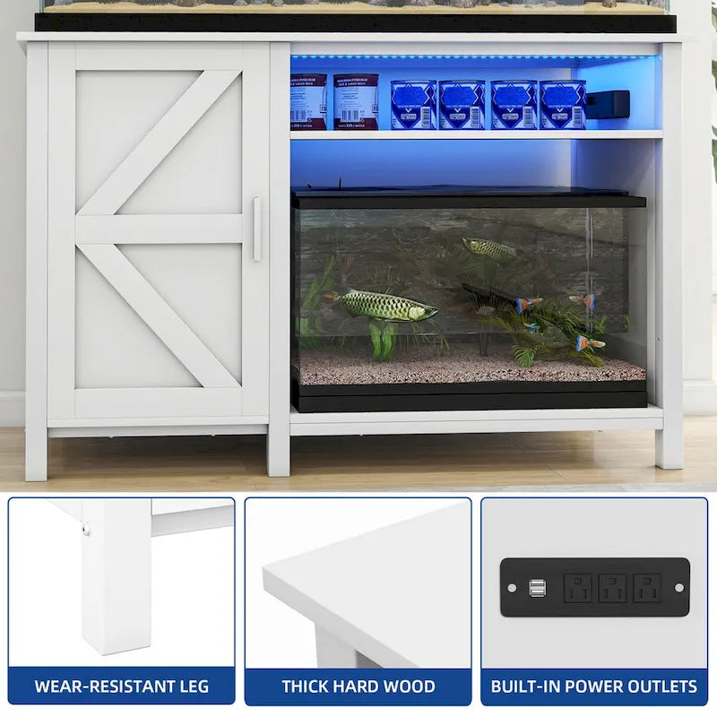 Meuble d'aquarium gris/blanc style porte de grange, 132 cm, fer et bois, pour aquariums de 208 à 284 litres