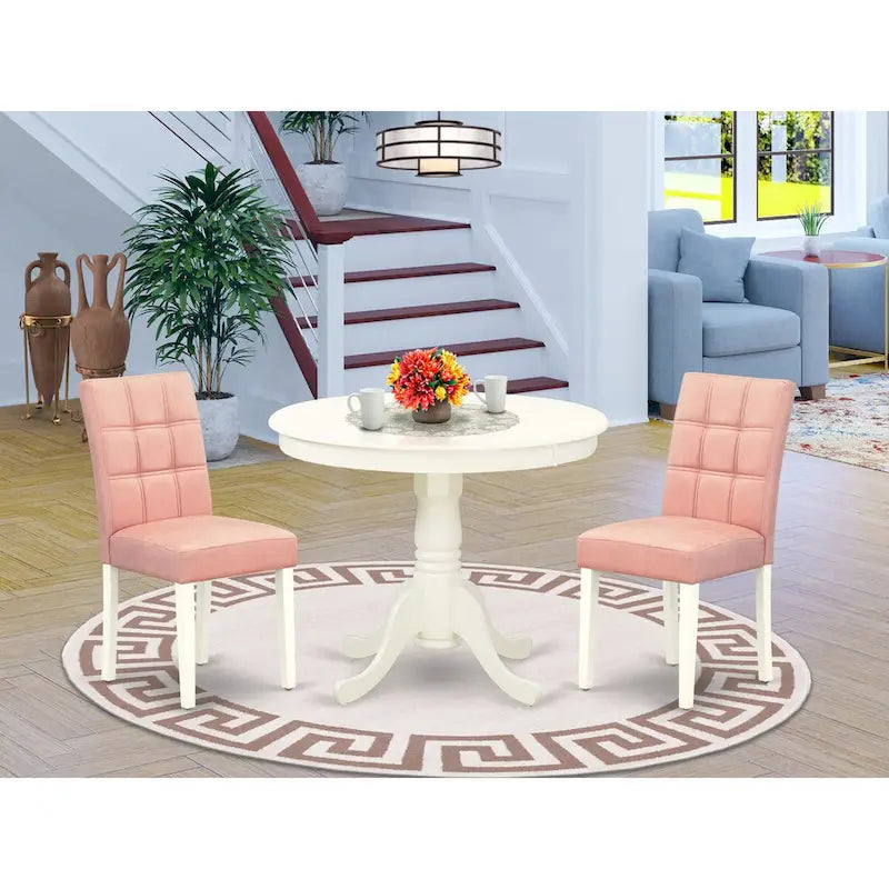 Ensemble table à manger ronde blanc lin avec chaises beige rouge, options 3 ou 5 places