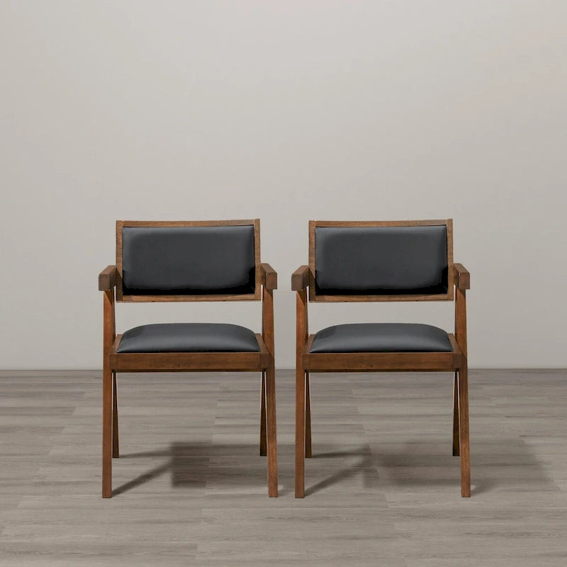 Chaise de salle à manger en similicuir noir avec accoudoirs, style Mid-Century, lot de 2