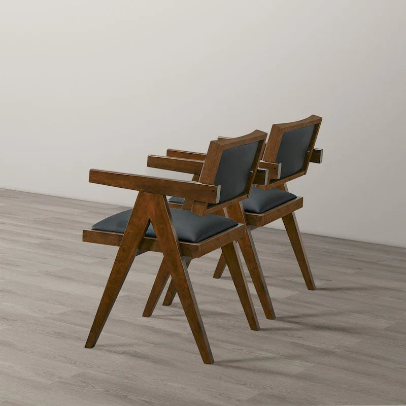 Chaise de salle à manger en similicuir noir avec accoudoirs, style Mid-Century, lot de 2