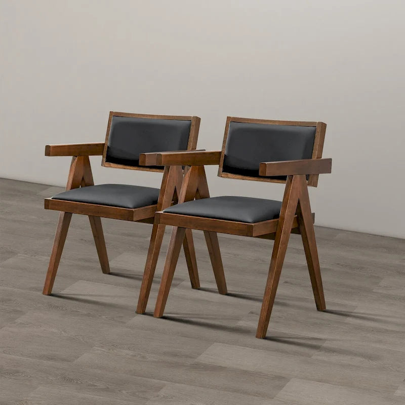 Chaise de salle à manger en similicuir noir avec accoudoirs, style Mid-Century, lot de 2