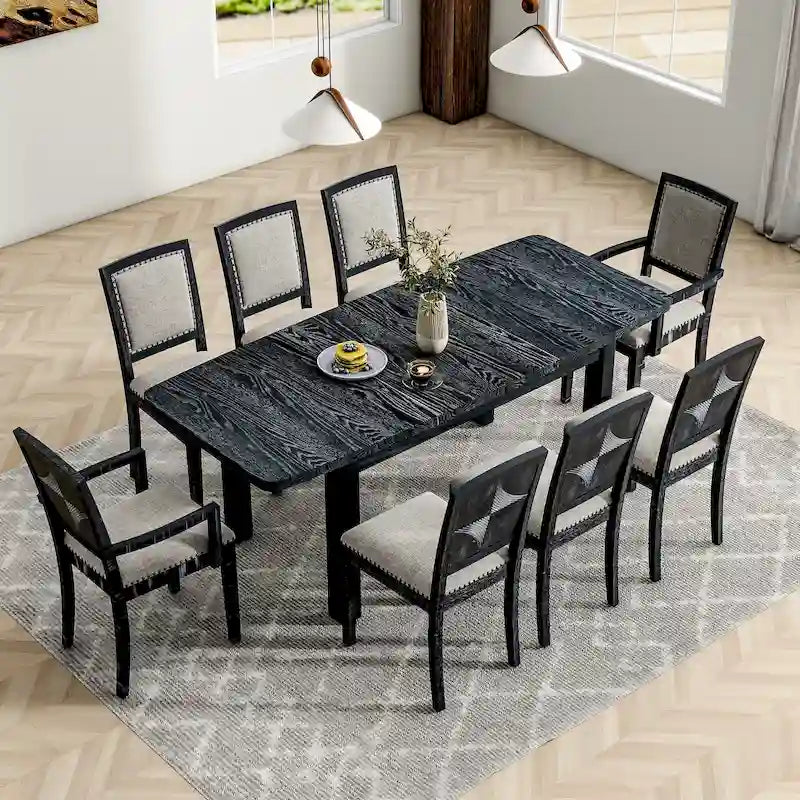 Table de salle à manger extensible noire et grise, 8 personnes, 1 table + 6 chaises sans accoudoirs + 2 fauteuils avec accoudoirs
