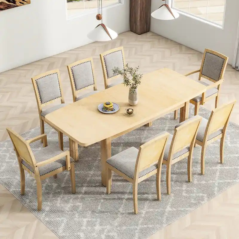 Table de salle à manger extensible noire et grise, 8 personnes, 1 table + 6 chaises sans accoudoirs + 2 fauteuils avec accoudoirs