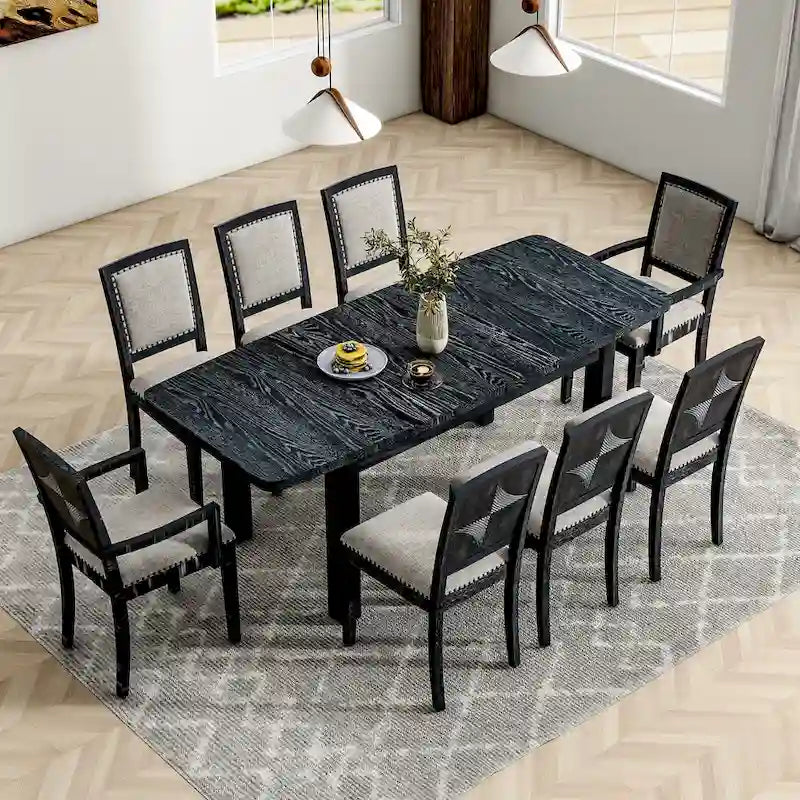 Table de salle à manger extensible noire et grise, 8 personnes, 1 table + 6 chaises sans accoudoirs + 2 fauteuils avec accoudoirs