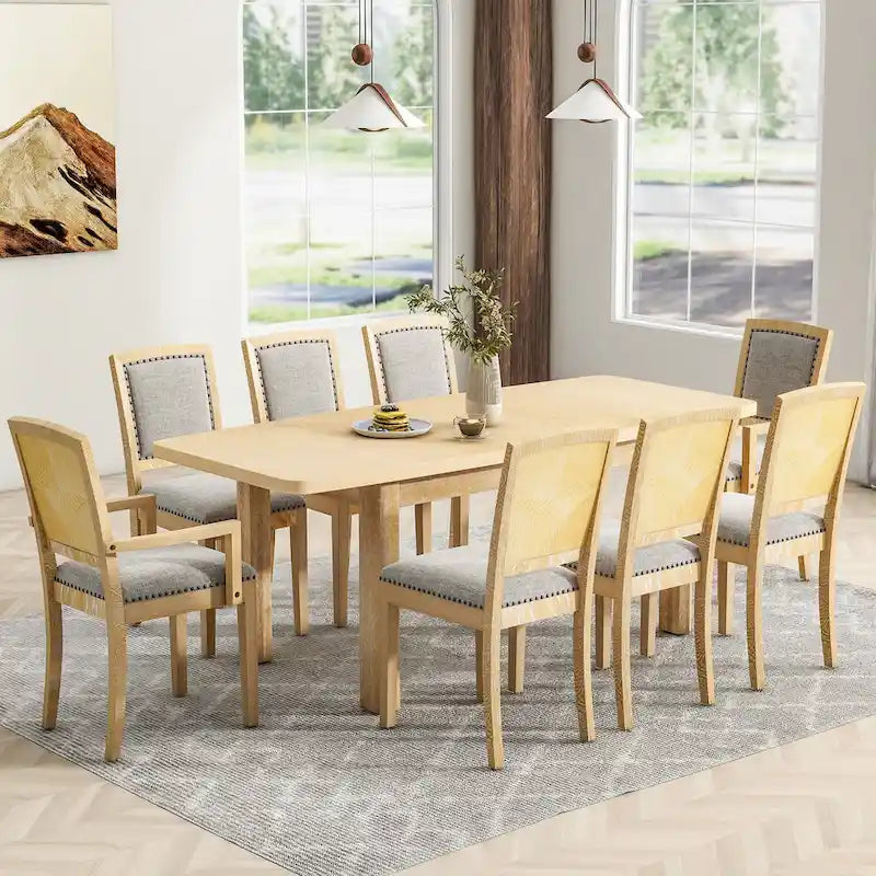 Table de salle à manger extensible noire et grise, 8 personnes, 1 table + 6 chaises sans accoudoirs + 2 fauteuils avec accoudoirs