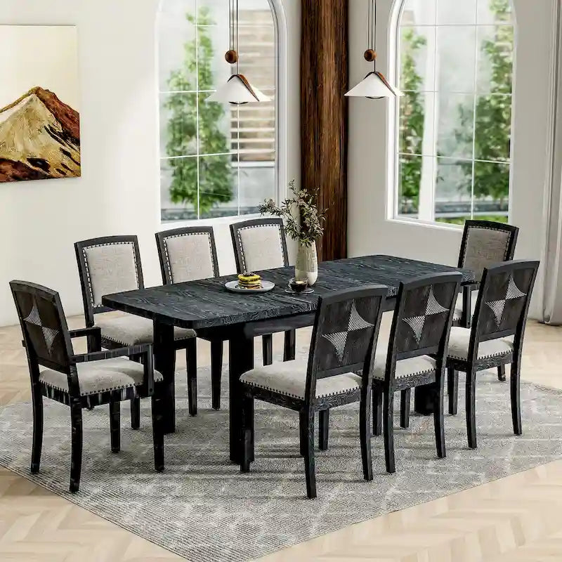 Table de salle à manger extensible noire et grise, 8 personnes, 1 table + 6 chaises sans accoudoirs + 2 fauteuils avec accoudoirs