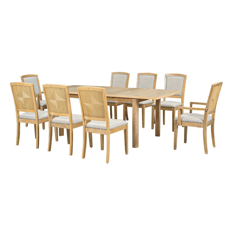 Table de salle à manger extensible noire et grise, 8 personnes, 1 table + 6 chaises sans accoudoirs + 2 fauteuils avec accoudoirs