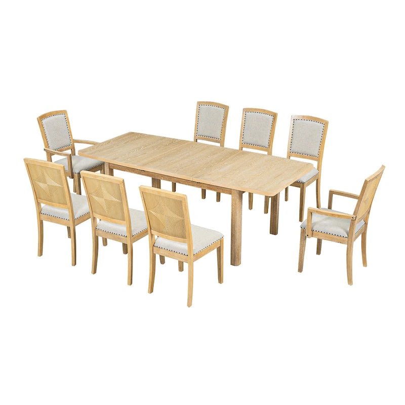 Table de salle à manger extensible noire et grise, 8 personnes, 1 table + 6 chaises sans accoudoirs + 2 fauteuils avec accoudoirs