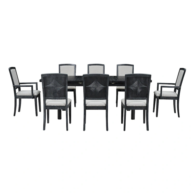 Table de salle à manger extensible noire et grise, 8 personnes, 1 table + 6 chaises sans accoudoirs + 2 fauteuils avec accoudoirs