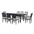 Table de salle à manger extensible noire et grise, 8 personnes, 1 table + 6 chaises sans accoudoirs + 2 fauteuils avec accoudoirs