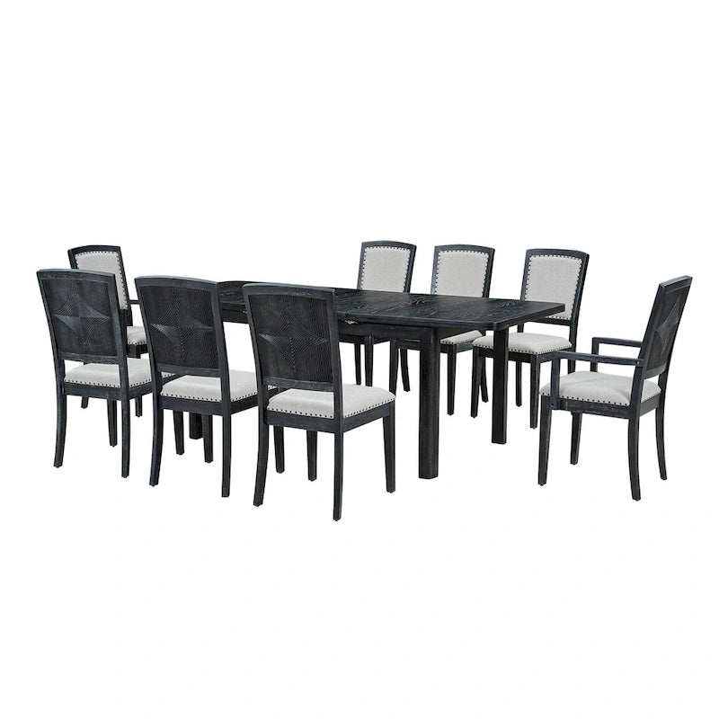 Table de salle à manger extensible noire et grise, 8 personnes, 1 table + 6 chaises sans accoudoirs + 2 fauteuils avec accoudoirs
